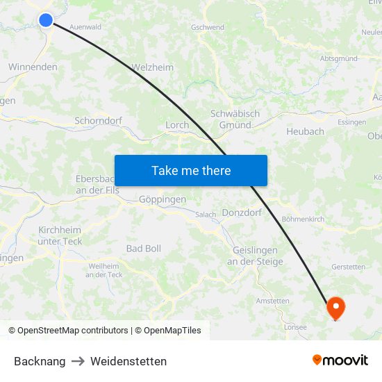 Backnang to Weidenstetten map