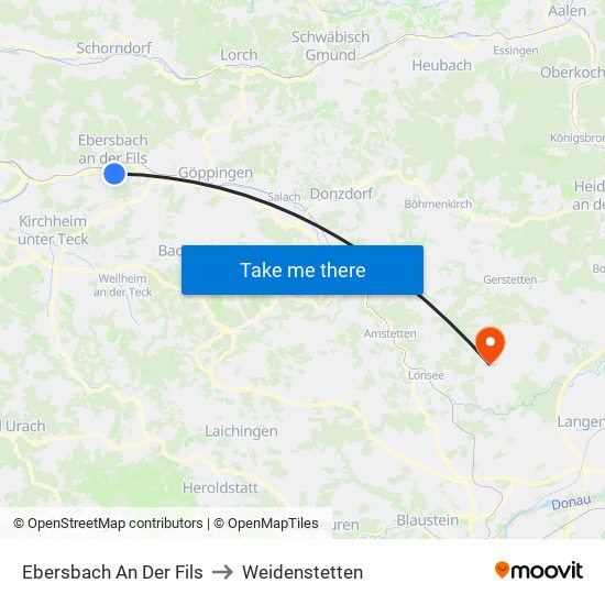 Ebersbach An Der Fils to Weidenstetten map