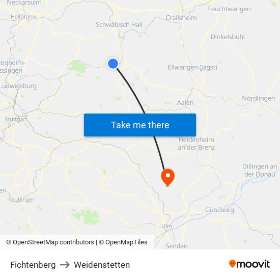 Fichtenberg to Weidenstetten map