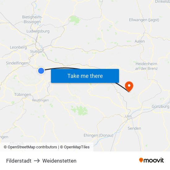 Filderstadt to Weidenstetten map