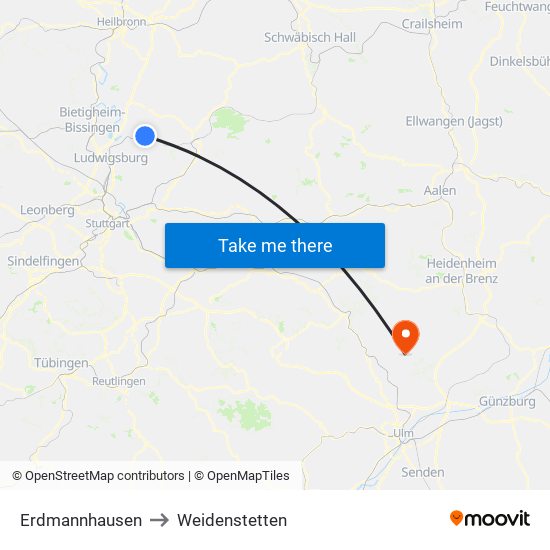 Erdmannhausen to Weidenstetten map