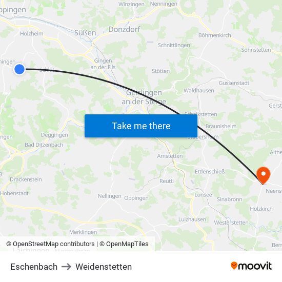 Eschenbach to Weidenstetten map