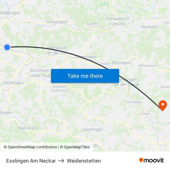 Esslingen Am Neckar to Weidenstetten map