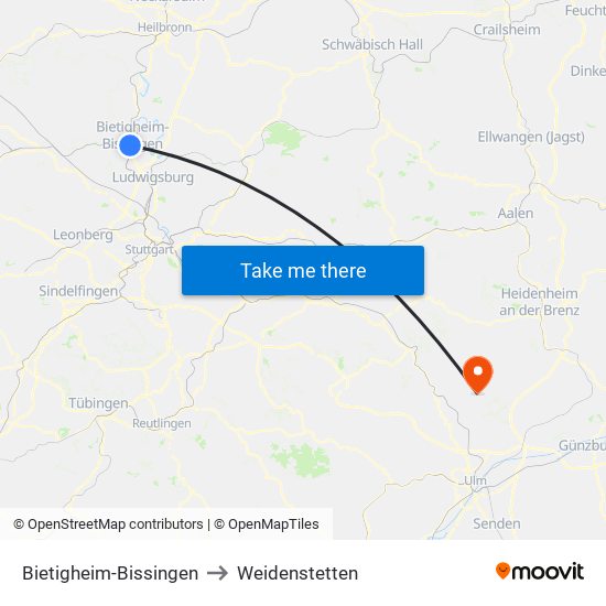 Bietigheim-Bissingen to Weidenstetten map