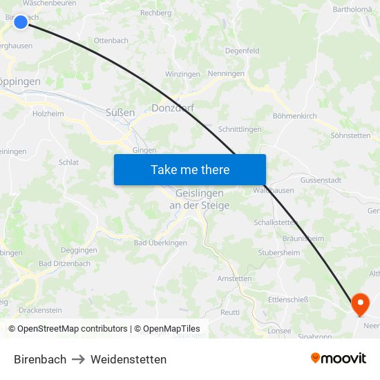 Birenbach to Weidenstetten map