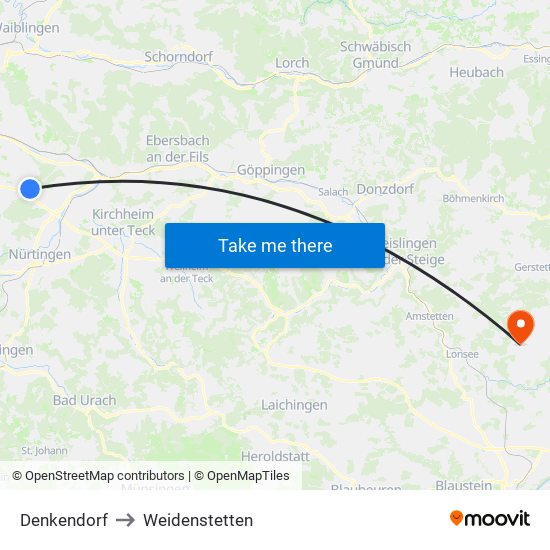 Denkendorf to Weidenstetten map