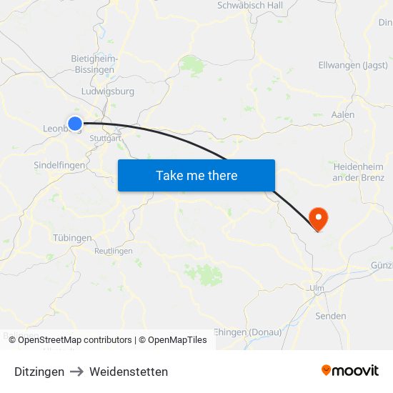 Ditzingen to Weidenstetten map