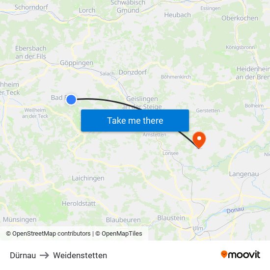 Dürnau to Weidenstetten map