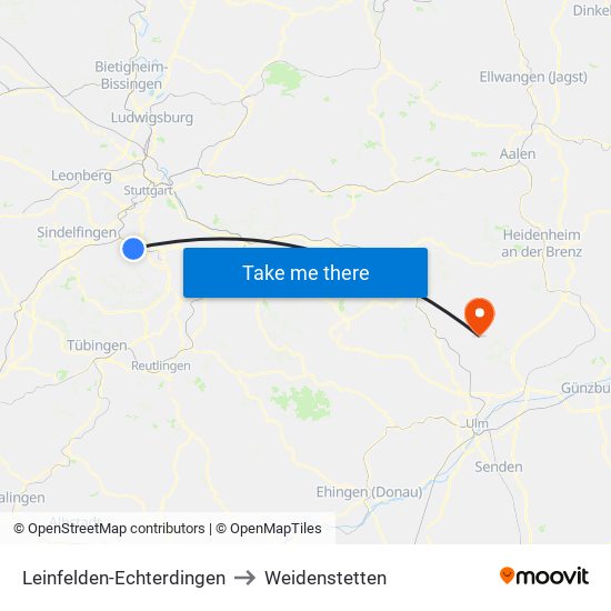 Leinfelden-Echterdingen to Weidenstetten map