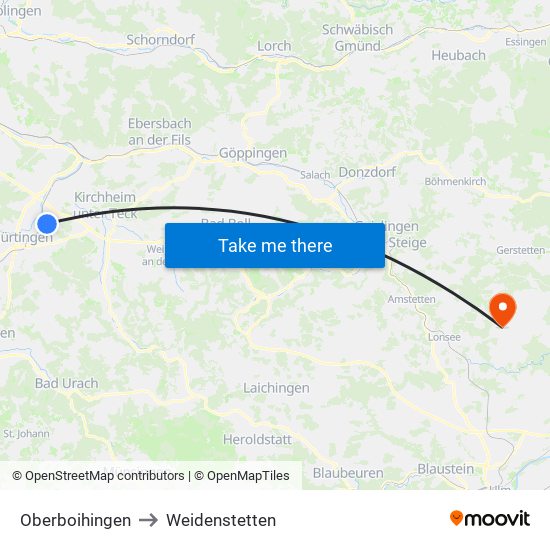 Oberboihingen to Weidenstetten map