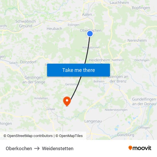 Oberkochen to Weidenstetten map