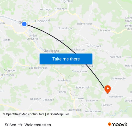 Süßen to Weidenstetten map