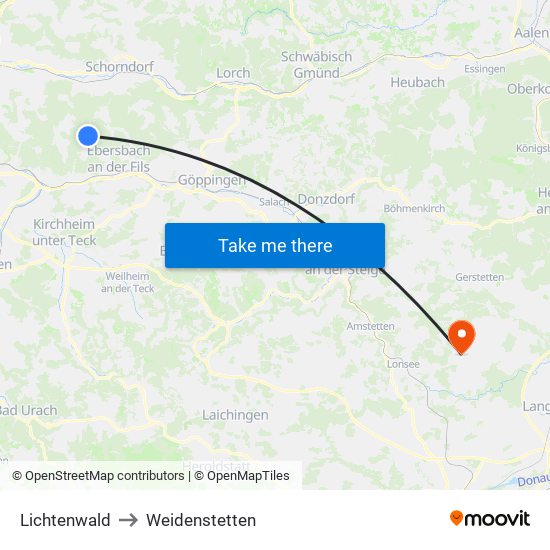 Lichtenwald to Weidenstetten map