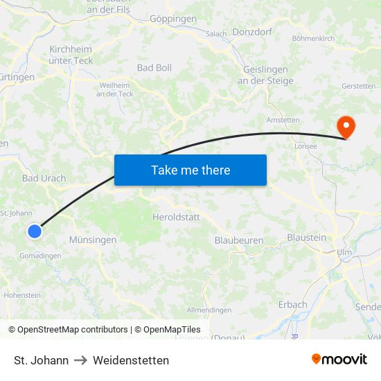 St. Johann to Weidenstetten map