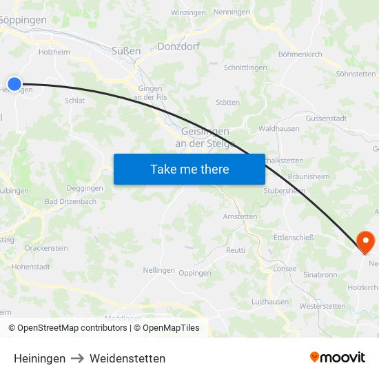 Heiningen to Weidenstetten map