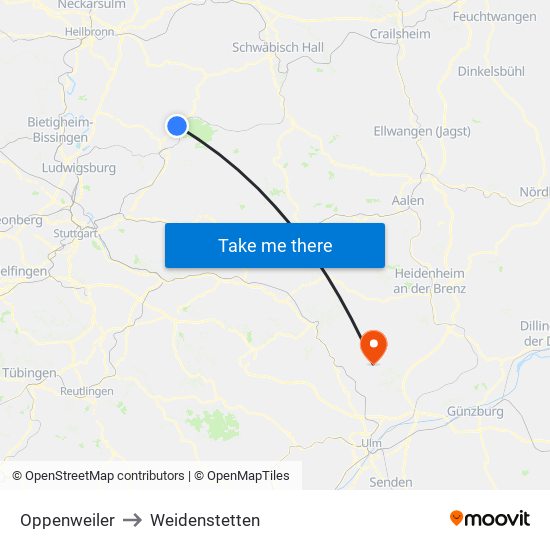 Oppenweiler to Weidenstetten map