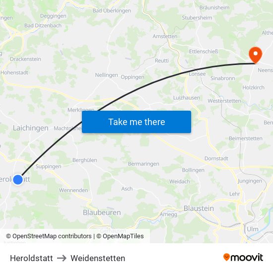 Heroldstatt to Weidenstetten map