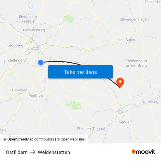 Ostfildern to Weidenstetten map