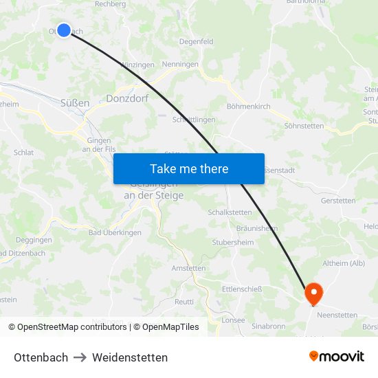 Ottenbach to Weidenstetten map