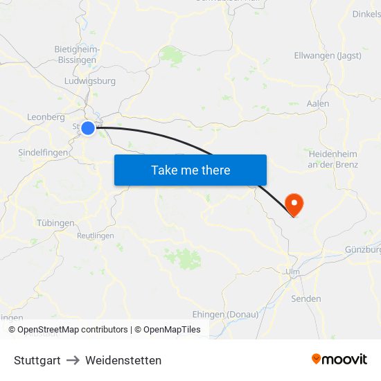 Stuttgart to Weidenstetten map