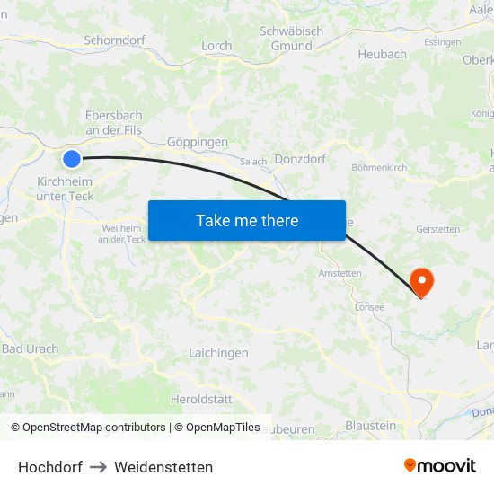 Hochdorf to Weidenstetten map