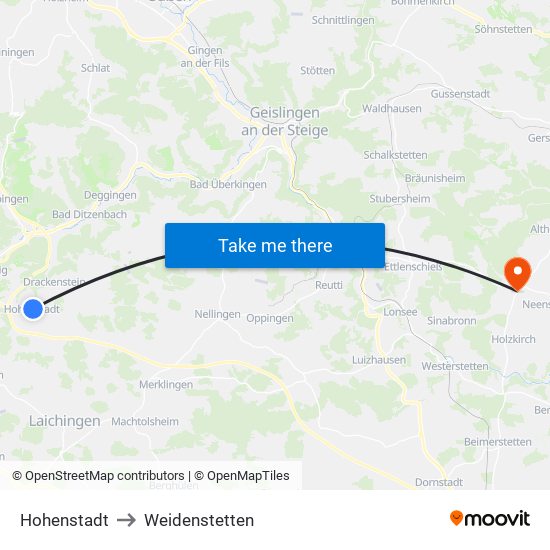 Hohenstadt to Weidenstetten map