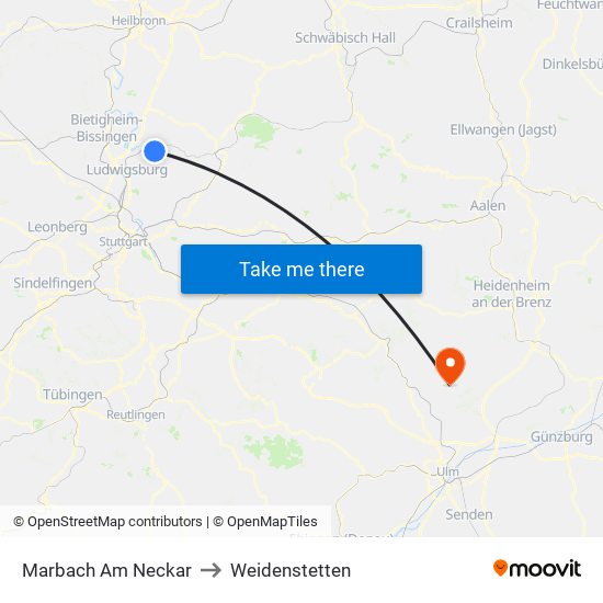 Marbach Am Neckar to Weidenstetten map