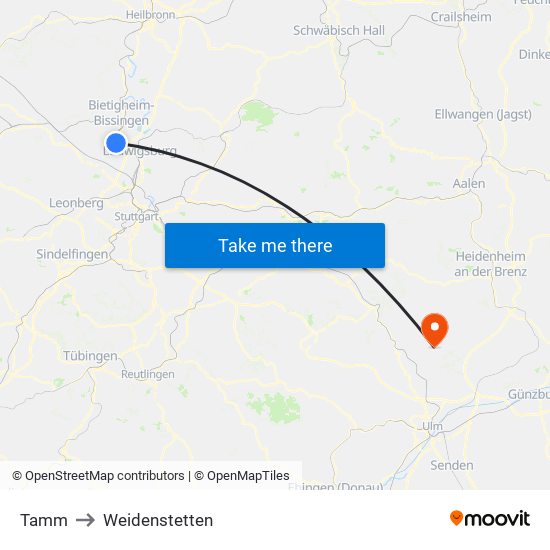 Tamm to Weidenstetten map
