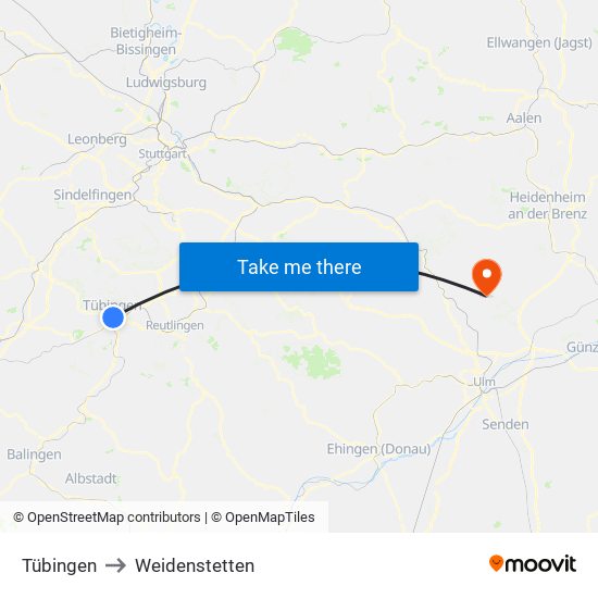 Tübingen to Weidenstetten map