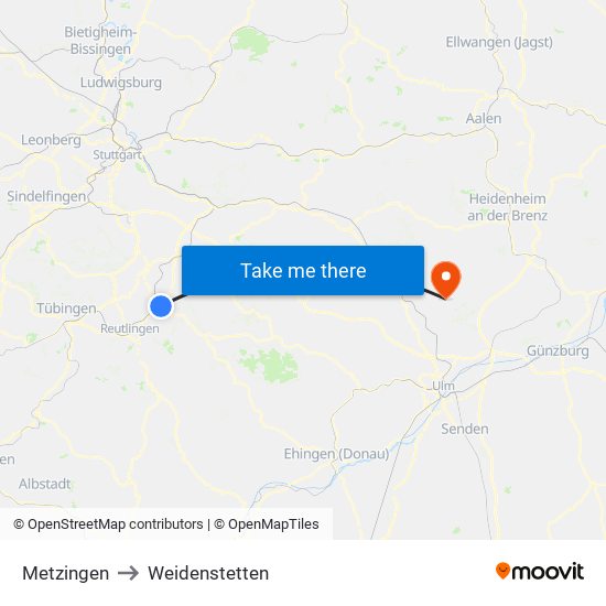 Metzingen to Weidenstetten map