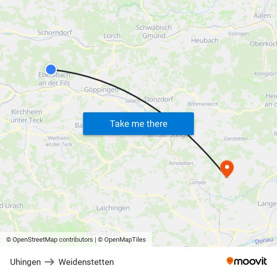 Uhingen to Weidenstetten map