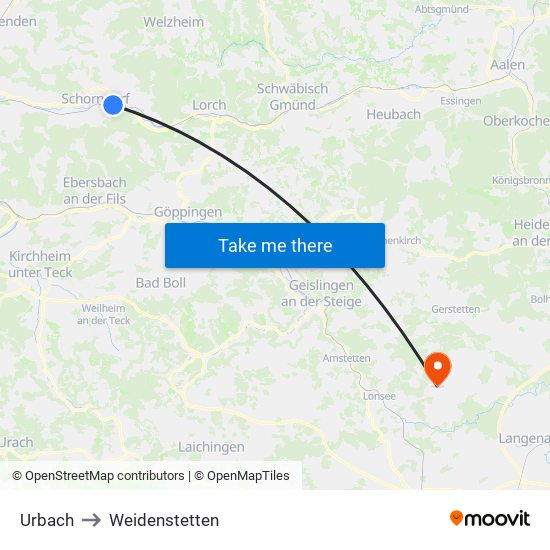 Urbach to Weidenstetten map