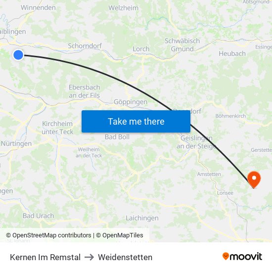 Kernen Im Remstal to Weidenstetten map