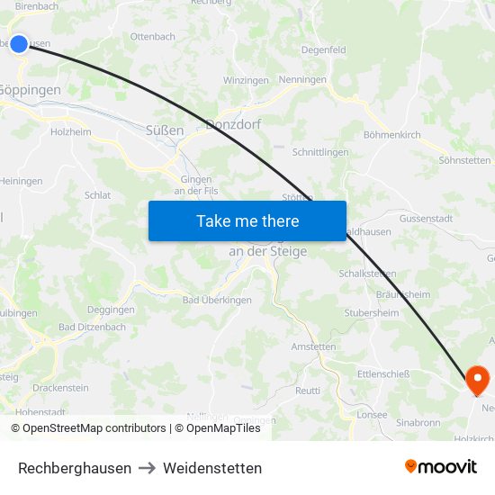 Rechberghausen to Weidenstetten map