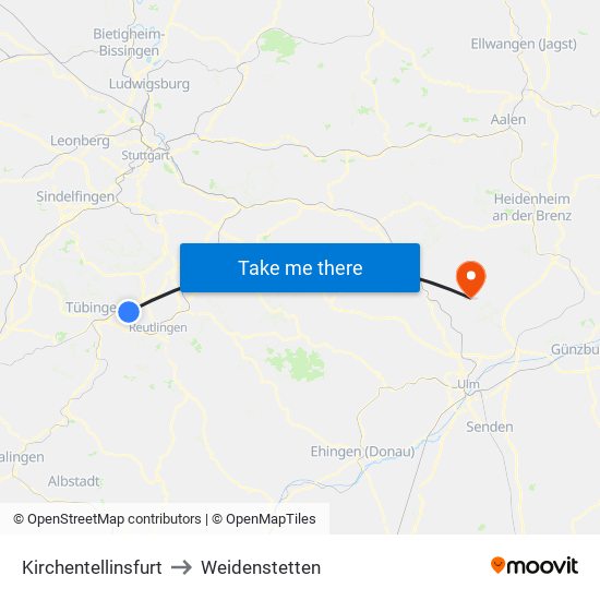 Kirchentellinsfurt to Weidenstetten map