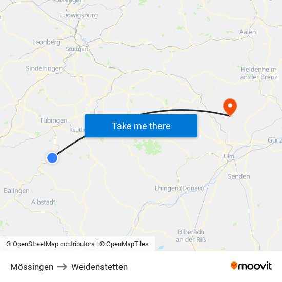 Mössingen to Weidenstetten map