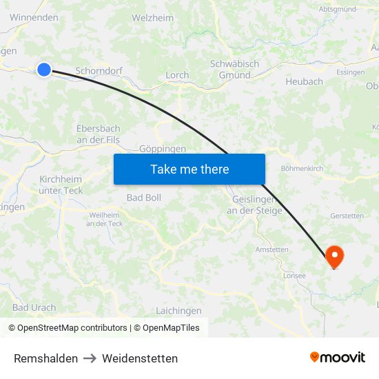 Remshalden to Weidenstetten map