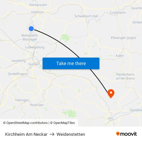 Kirchheim Am Neckar to Weidenstetten map