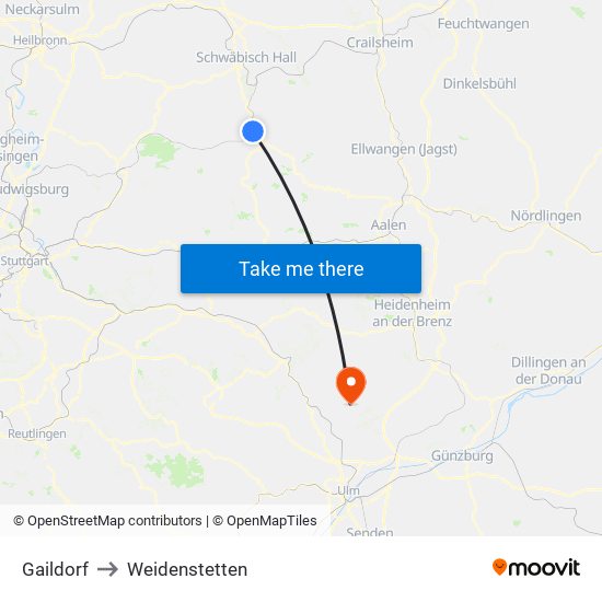 Gaildorf to Weidenstetten map