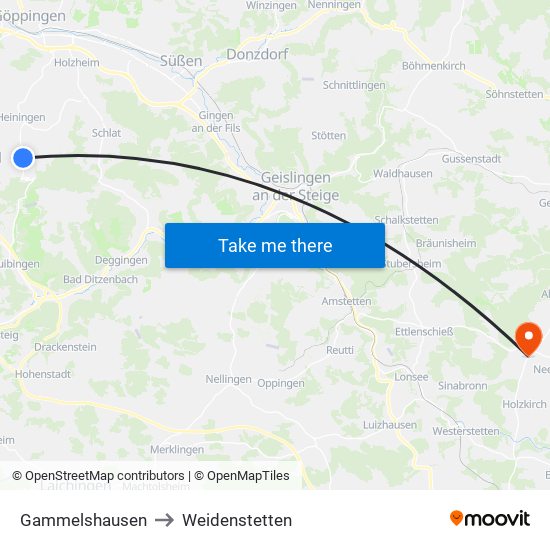 Gammelshausen to Weidenstetten map