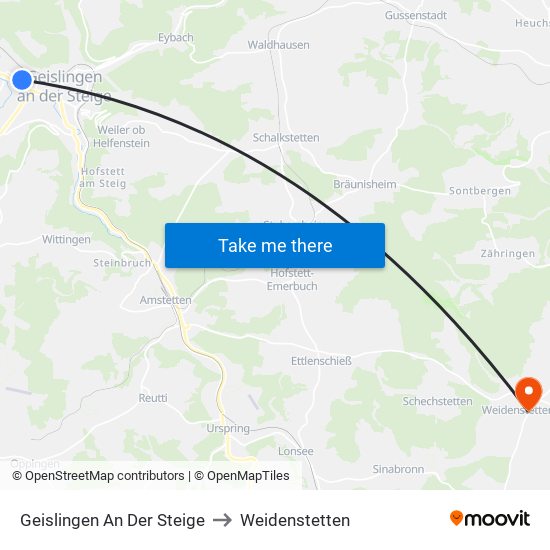 Geislingen An Der Steige to Weidenstetten map