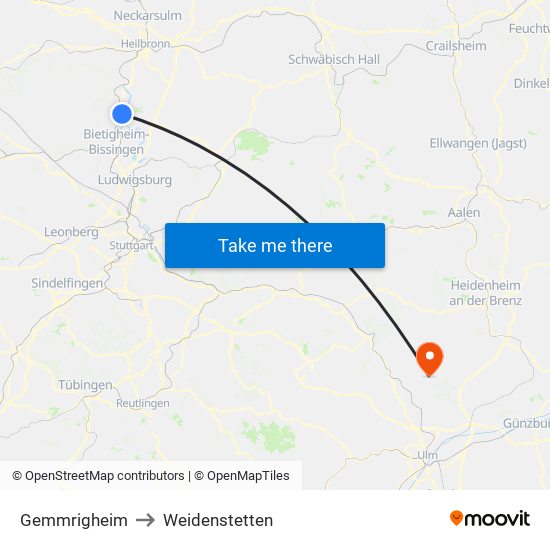 Gemmrigheim to Weidenstetten map