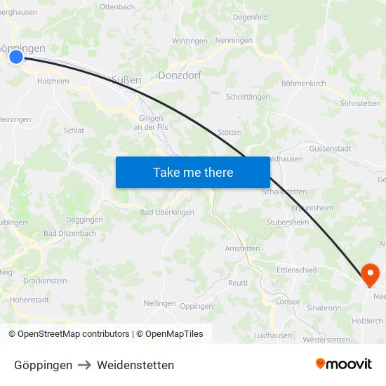 Göppingen to Weidenstetten map