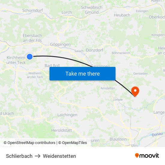 Schlierbach to Weidenstetten map