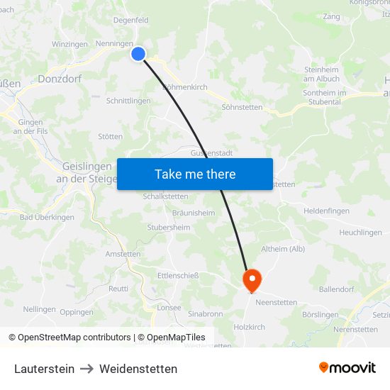 Lauterstein to Weidenstetten map