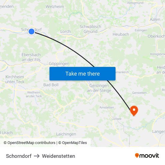 Schorndorf to Weidenstetten map