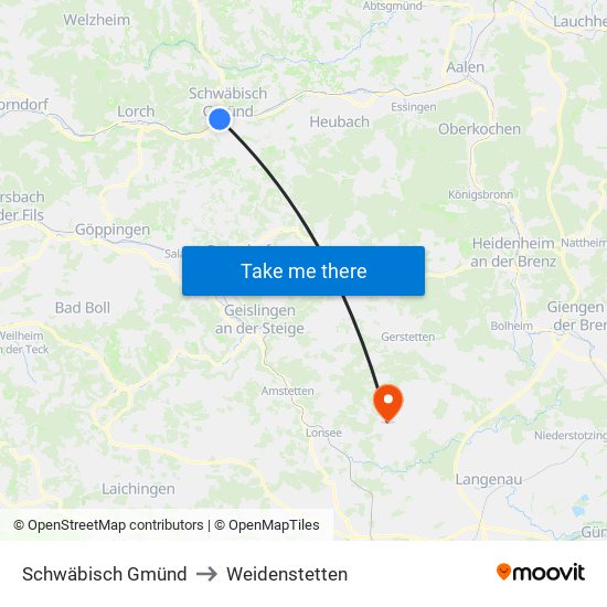 Schwäbisch Gmünd to Weidenstetten map