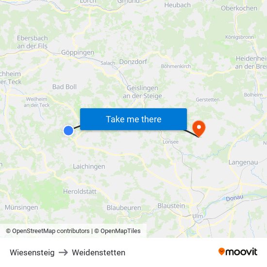 Wiesensteig to Weidenstetten map