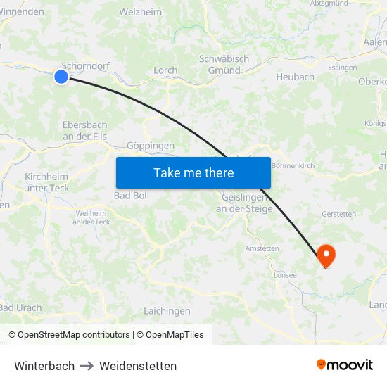 Winterbach to Weidenstetten map