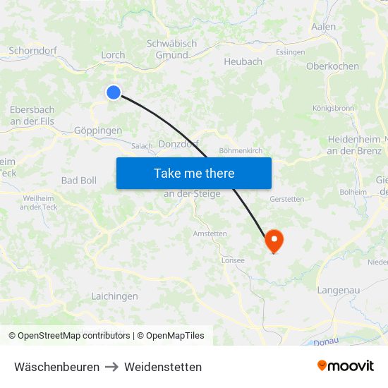 Wäschenbeuren to Weidenstetten map